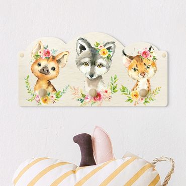 Wandkapstokken voor kinderen Watercolour Forest Animals With Flowers II