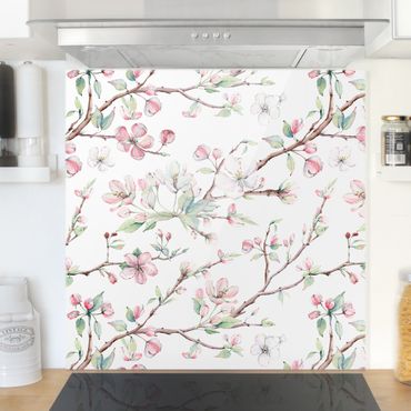 Spatscherm keuken Watercolour Branches Of Apple Blossom In Light Pink And White