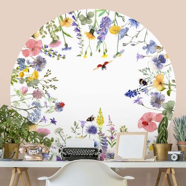 Behangcirkel Watercolour Flowers With Ladybirds