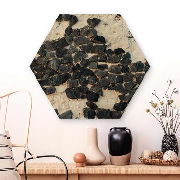 Hexagons houten schilderijen Wall With Black Stones