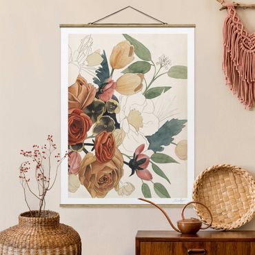 Stoffen schilderij met posterlijst Drawing Flower Bouquet In Red And Sepia II
