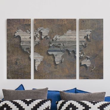 Canvas schilderijen - 3-delig Wooden Grid World Map