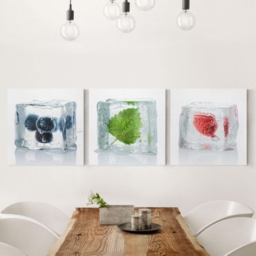 Canvas schilderijen - 3-delig Fruits And Lemon Balm In Ice Cube
