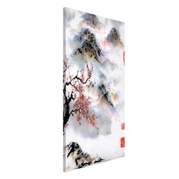 Magneetborden Japanese Watercolour Drawing Cherry Tree And Mountains