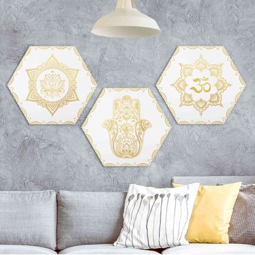 Hexagons Forex schilderijen - 3-delig Hamsa Hand Lotus OM Illustration Set Gold
