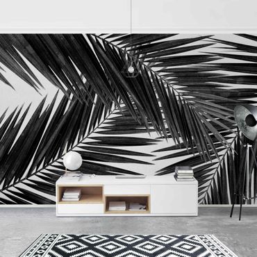 Fotobehang View Over Palm Leaves Black And White