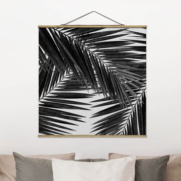 Stoffen schilderij met posterlijst View Through Palm Leaves Black And White