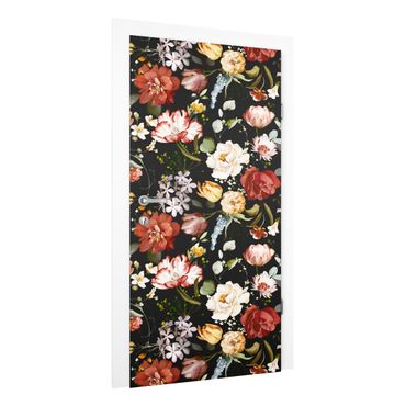 Deur behang - Flowers Watercolour Vintage Pattern on Black