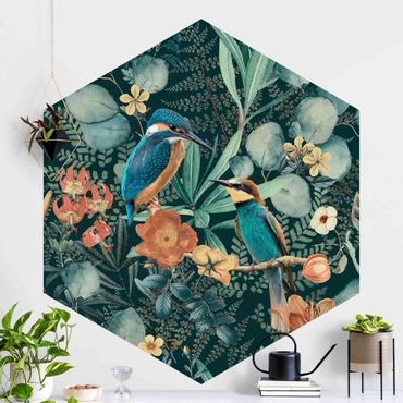 Hexagon Behang Floral Paradise Kingfisher And Hummingbird