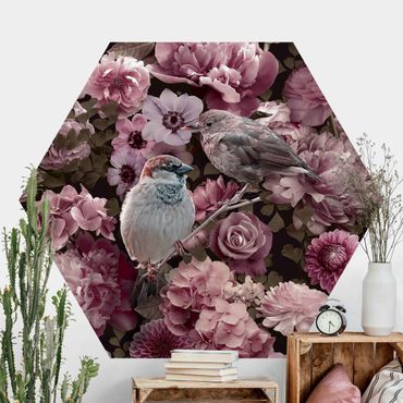 Hexagon Behang Floral Paradise Sparrow In Antique Pink