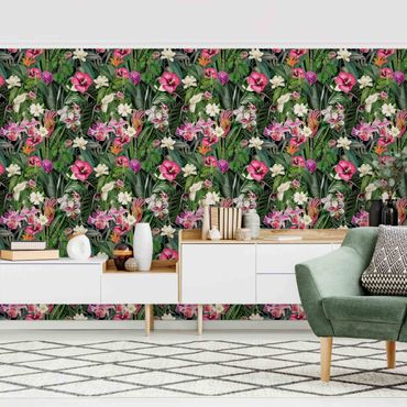 Patroonbehang Colourful Tropical Flowers Collage