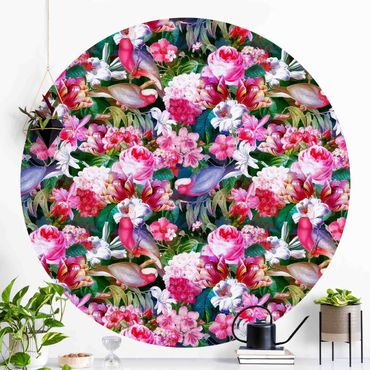 Behangcirkel Colourful Tropical Flowers With Birds Pink