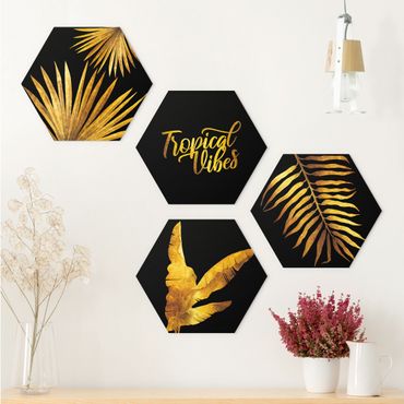 Hexagons Forex schilderijen - 4-delig Gold - Tropical Vibes On Black Set II