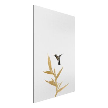 Aluminium Dibond schilderijen Hummingbird And Tropical Golden Blossom II