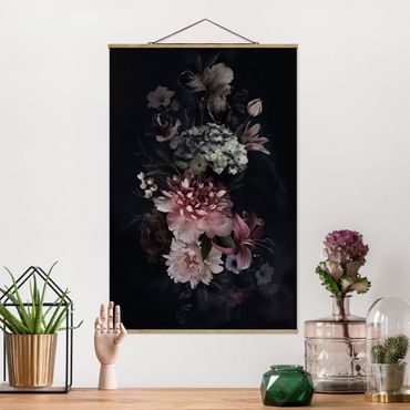 Stoffen schilderij met posterlijst Flowers With Fog On Black