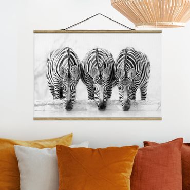 Stoffen schilderij met posterlijst Zebra Trio In Black And White