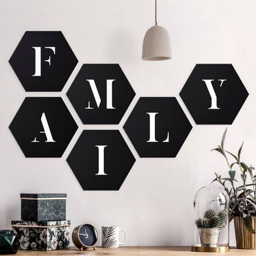 Hexagons Forex schilderijen - 6-delig Letters FAMILY White Set II