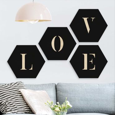 Hexagons houten schilderijen - 4-delig Letters LOVE White Set II