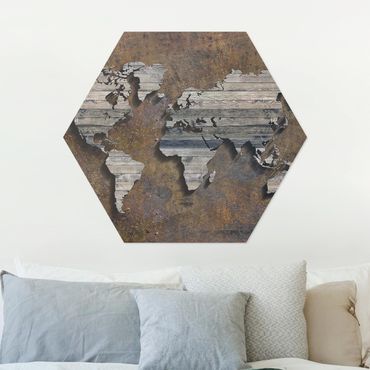 Hexagons Aluminium Dibond schilderijen Wooden Grid World Map