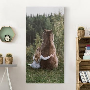 Canvas schilderijen Girl With Brown Bear