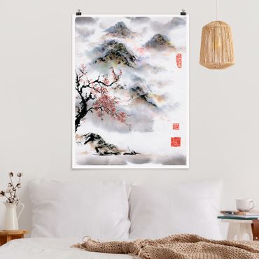 Posters Japanese Watercolour Drawing Cherry Tree And Mountains