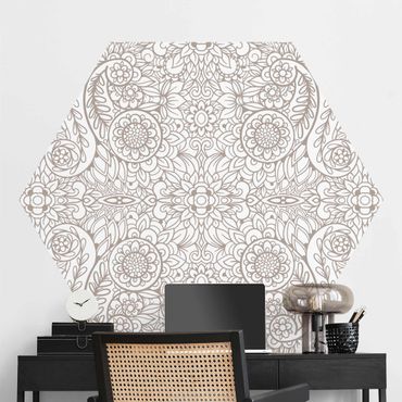 Hexagon Behang Detailed Art Nouveau Pattern In Gray Beige