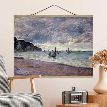 Stoffen schilderij met posterlijst Claude Monet - Fishing Boats In Front Of The Beach And Cliffs Of Pourville