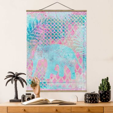 Stoffen schilderij met posterlijst Colourful Collage - Elephant In Blue And Pink