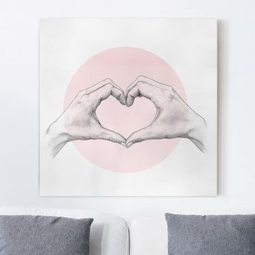 Canvas schilderijen Illustration Heart Hands Circle Pink White