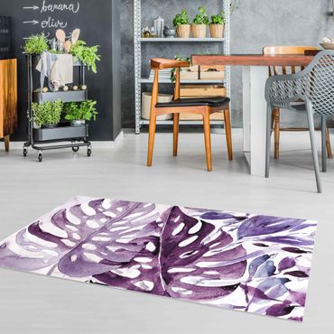 Vinyl tapijt Watercolour Tropical Leaves With Monstera In Aubergine