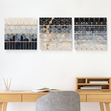 Houten schilderijen op plank - 3-delig Blue White Golden Hexagons Set