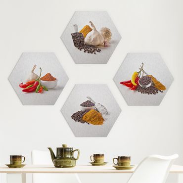 Hexagons Aluminium Dibond schilderijen - 4-delig Chili garlic and spices - Sets