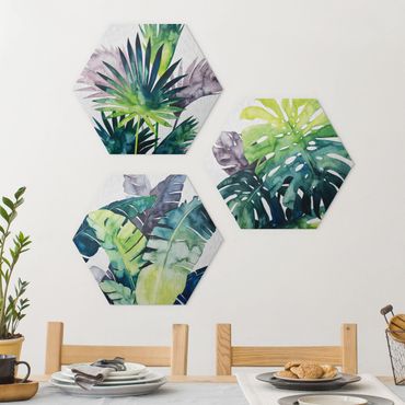 Hexagons Aluminium Dibond schilderijen - 3-delig Exotic Foliage Set II