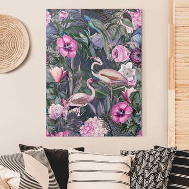 Canvas schilderijen Colourful Collage - Pink Flamingos In The Jungle