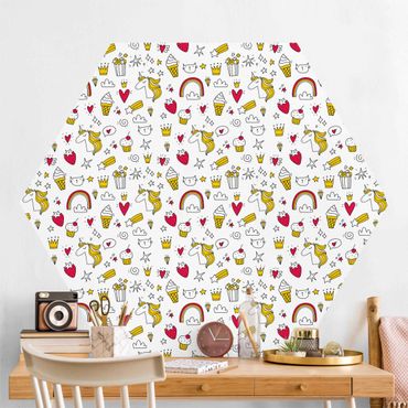 Hexagon Behang Unicorns And Sweets In Yellow And Red