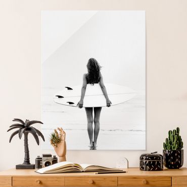 Glasschilderijen - Chill Surfer Girl With Board