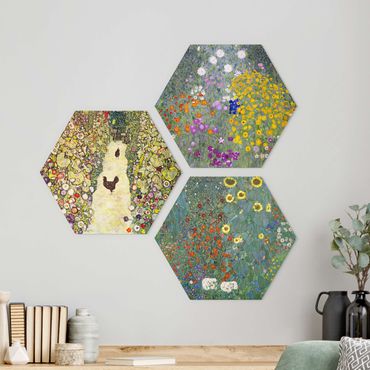 Hexagons Aluminium Dibond schilderijen - 3-delig Gustav Klimt - In The Garden