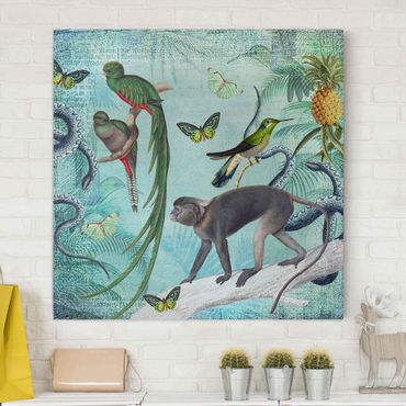 Canvas schilderijen Colonial Style Collage - Monkeys And Birds Of Paradise