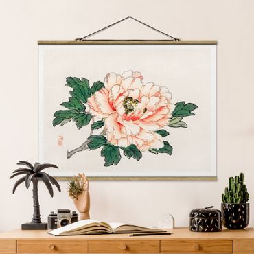 Stoffen schilderij met posterlijst Asian Vintage Drawing Pink Chrysanthemum