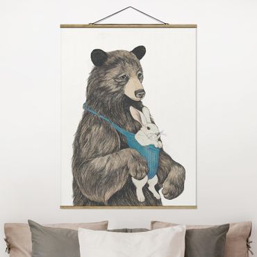 Stoffen schilderij met posterlijst Illustration Bear And Bunny Baby