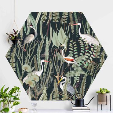 Hexagon Behang Flamingos And Storks With Plants On Green