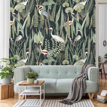 Fotobehang Flamingos And Storks With Plants On Green