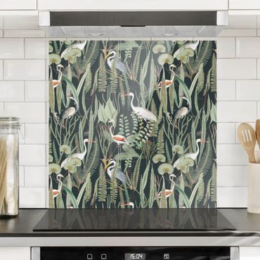 Spatscherm keuken Flamingos And Storks With Plants On Green