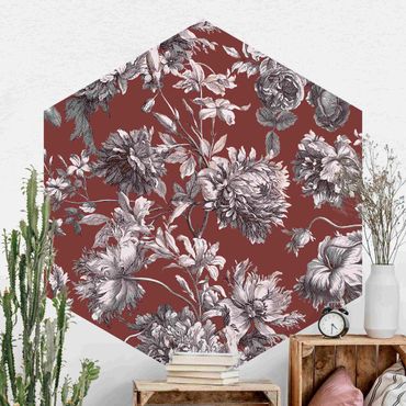 Hexagon Behang Floral Copper Engraving Reddish Brown
