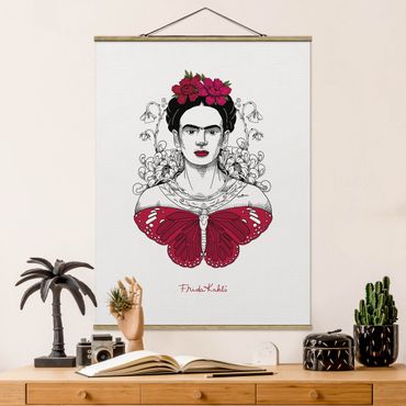 Stoffen schilderij met posterlijst - Frida Kahlo Portrait With Flowers And Butterflies