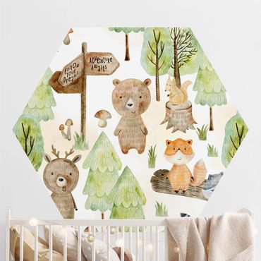Hexagon Behang Fox And Bear With Trees