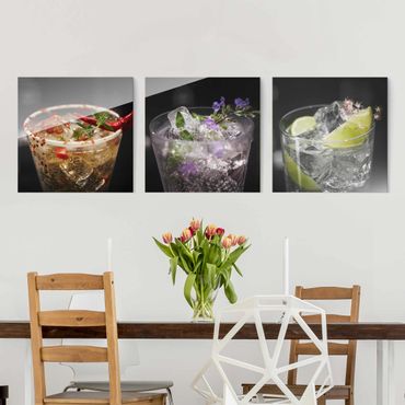 Glasschilderijen - 3-delig Drinks With Ice Cubes Close-Up