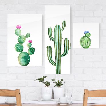 Glasschilderijen - 3-delig Watercolour Cactus Set