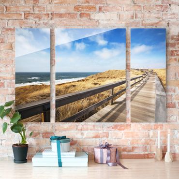 Glasschilderijen - 3-delig Path between dunes at the North Sea on Sylt