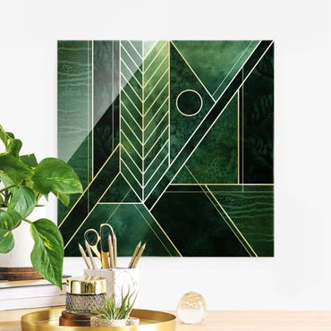 Glasschilderijen Geometric Shapes Emerald Gold